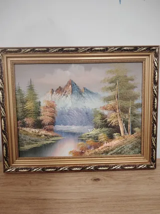Cuadro antiguo paisaje montaña y río