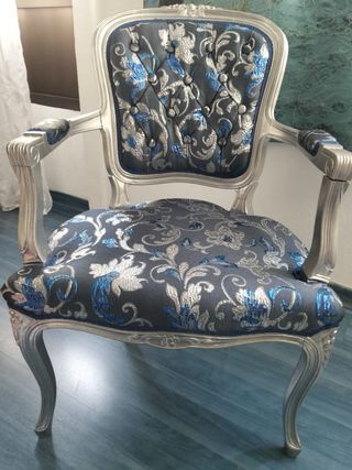 Silla Vintage Tapizada Azul y Plata