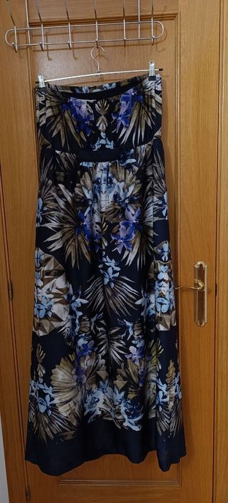 Vestido largo palabra de honor estampado tropical