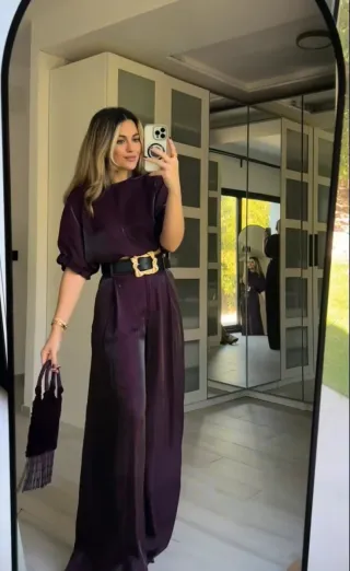 Conjunto satén top globo y pantalón ancho