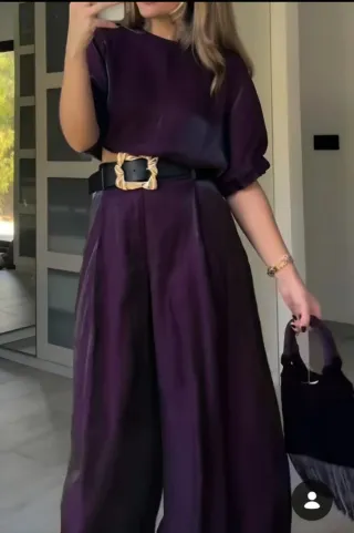 Conjunto satén top globo y pantalón ancho