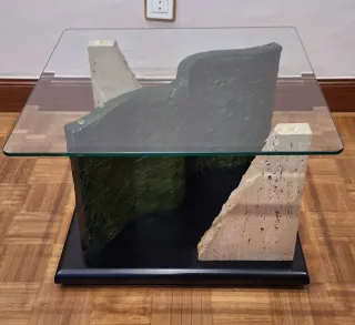 Conjunto mesas salón cristal y piedra