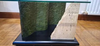 Conjunto mesas salón cristal y piedra