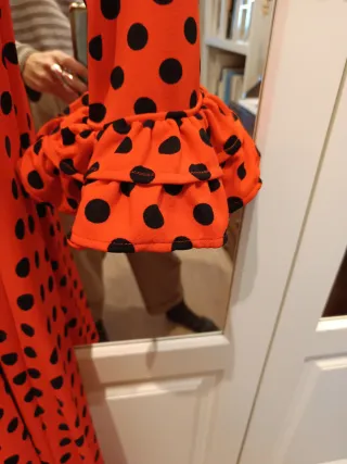 Traje Bata Flamenca Naranja Lunares Negros