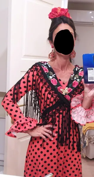 Traje Bata Flamenca Naranja Lunares Negros