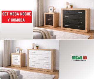 Set Mesa Noche y Cómoda Madera