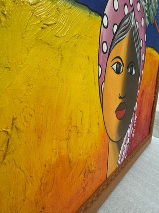Pintura moderna enmarcada mujer y ave