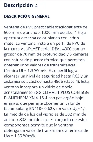 Ventana PVC 500x1000 Blanca Vidrio Mate