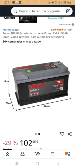 Batería Tudor TB950 95Ah 800A