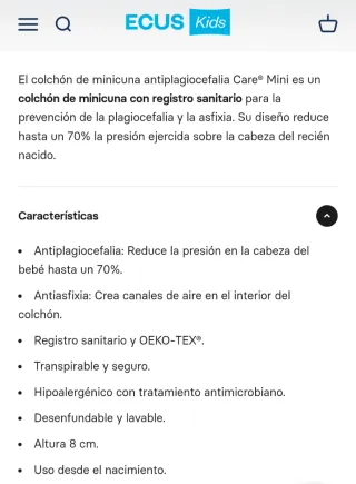 Colchón Minicuna ECUS "Care Mini" 80x50