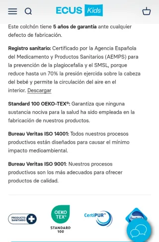 Colchón Minicuna ECUS "Care Mini" 80x50