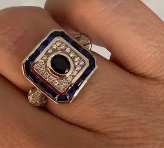 Anillo Oro Blanco 18k Zafiro y Diamantes