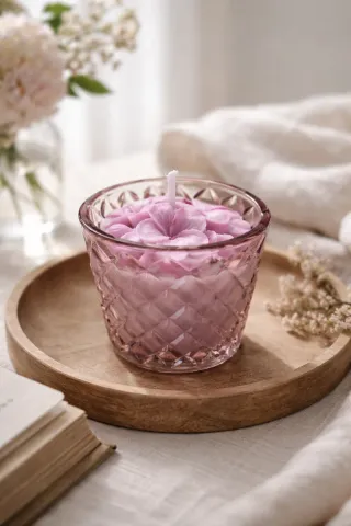 Vela artesanal flor violeta en vaso cristal