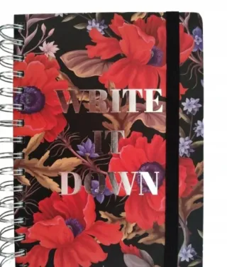 Agenda con fiori rossi e scritta Write it down