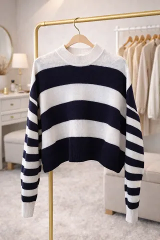 Camisola malha às riscas azul escuro e branco H&M