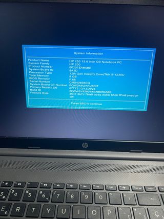 HP 250 G9 i5 12 th gen 8gb ram ddr4 256ssd 15,6”