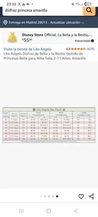 Disfraz Princesa Bella Amarillo Niña