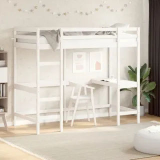 Cama alta con escritorio madera pino blanca