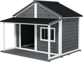 Caseta para Perros de Exterior con Techo Impermeable, Casita para Perros de Madera de Abeto con Ventana y Terraza, 124X112X105Cm, Gris