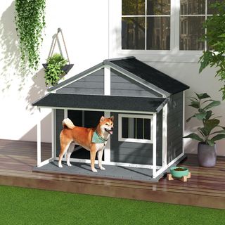 Caseta para Perros de Exterior con Techo Impermeable, Casita para Perros de Madera de Abeto con Ventana y Terraza, 124X112X105Cm, Gris
