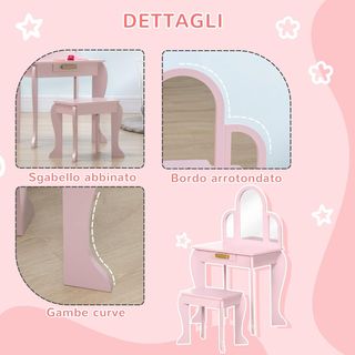 Tavolo trucco per ragazze 3-6 anni con sgabello, cassetti e specchio coordinato in acrilico, MDF e legno di pino, rosa