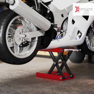 Caballetto Alzamoto, Elevador para Moto in Acciaio Rosso e Nero, Pieghevole e Antiscivolo 41.5 X 23.5 X 10-37Cm