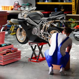 Caballetto Alzamoto, Elevador para Moto in Acciaio Rosso e Nero, Pieghevole e Antiscivolo 41.5 X 23.5 X 10-37Cm