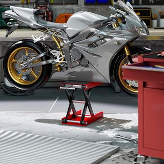 Caballetto Alzamoto, Elevador para Moto in Acciaio Rosso e Nero, Pieghevole e Antiscivolo 41.5 X 23.5 X 10-37Cm