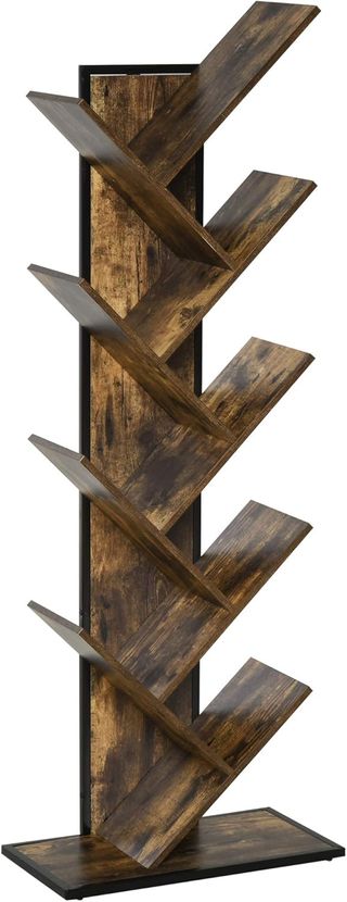 Libreria ad Albero in Legno, Scaffale Salvaspazio a Colonna con 10 Ripiani in Stile Industriale, 50X28X142Cm