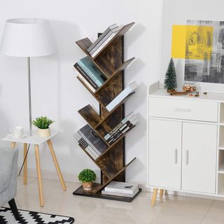 Libreria ad Albero in Legno, Scaffale Salvaspazio a Colonna con 10 Ripiani in Stile Industriale, 50X28X142Cm
