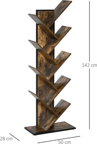 Libreria ad Albero in Legno, Scaffale Salvaspazio a Colonna con 10 Ripiani in Stile Industriale, 50X28X142Cm