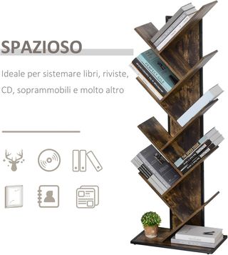 Libreria ad Albero in Legno, Scaffale Salvaspazio a Colonna con 10 Ripiani in Stile Industriale, 50X28X142Cm