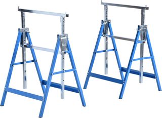 Set di 2 Cavalletti da Lavoro Pieghevoli, Capacità 200 Kg, Altezza Regolabile 80-130 Cm, Cavalletti Telescopici Salvaspazio in Acciaio per Fai-da-Te, Garage e Giardino, Blu