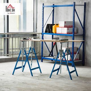 Set di 2 Cavalletti da Lavoro Pieghevoli, Capacità 200 Kg, Altezza Regolabile 80-130 Cm, Cavalletti Telescopici Salvaspazio in Acciaio per Fai-da-Te, Garage e Giardino, Blu