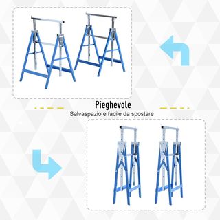 Set di 2 Cavalletti da Lavoro Pieghevoli, Capacità 200 Kg, Altezza Regolabile 80-130 Cm, Cavalletti Telescopici Salvaspazio in Acciaio per Fai-da-Te, Garage e Giardino, Blu
