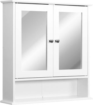 Specchio da bagno contenitore con porte e ripiani regolabili, specchio da bagno in vetro, mobile armadio a parete con specchio, 56X13X58Cm, bianco