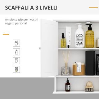 Specchio da bagno contenitore con porte e ripiani regolabili, specchio da bagno in vetro, mobile armadio a parete con specchio, 56X13X58Cm, bianco