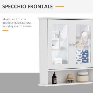 Specchio da bagno contenitore con porte e ripiani regolabili, specchio da bagno in vetro, mobile armadio a parete con specchio, 56X13X58Cm, bianco