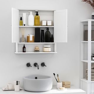 Specchio da bagno contenitore con porte e ripiani regolabili, specchio da bagno in vetro, mobile armadio a parete con specchio, 56X13X58Cm, bianco