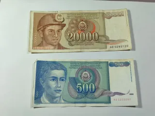 2 Billetes Yugoslavia 20000 y 500 Dinara