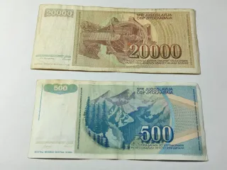 2 Billetes Yugoslavia 20000 y 500 Dinara