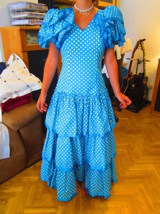 Traje de Flamenca azul y blanco
