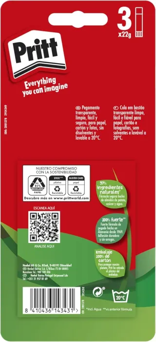 Pritt Barra Adhesiva, pegamento infantil 2+1 pack