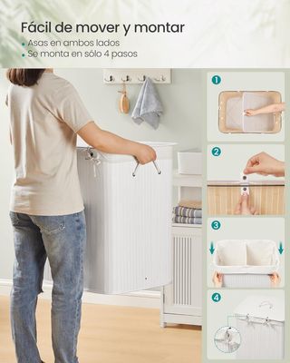 Cesto Ropa Bambú 2 Compartimentos 120L Blanco SONGMICS LCB014W01