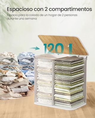 Cesto Ropa Bambú 2 Compartimentos 120L Blanco SONGMICS LCB014W01