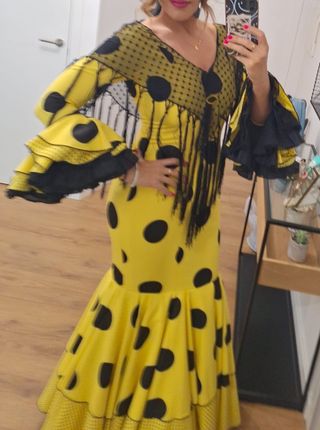 Vestido Flamenca Amarillo Lunares Negros