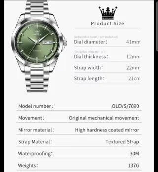Reloj Olevs Automático Verde y Plateado