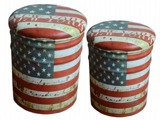 Set 2 Pouf Contenitore Tondo in PVC Bandiera USA