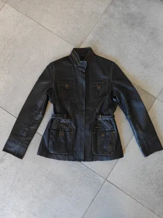Cazadora Biker Piel Negra Vintage Talla 40 / L