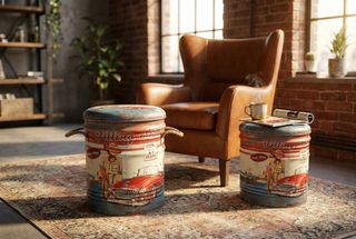 Set 2 Pouf Contenitore Poggiapiedi Azzurro Anni 60